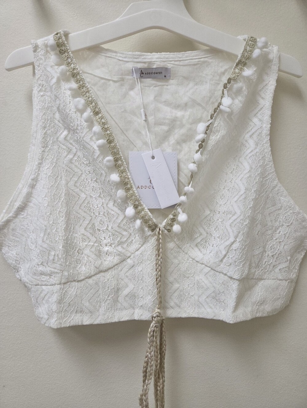 Addconfdt White Lace Pom Pom Crop Top